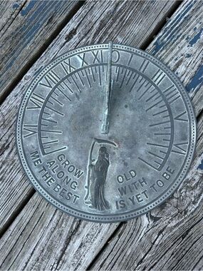 Vintage Brass Sundial – "Grow Old Along With Me" Father Time, Eagle Gnomon, 13"+